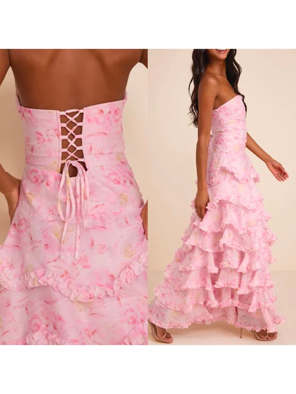 Lulu's Maleta Pink Floral Tiered Ruffled Maxi Dress A-line Small Cottagecore NWT